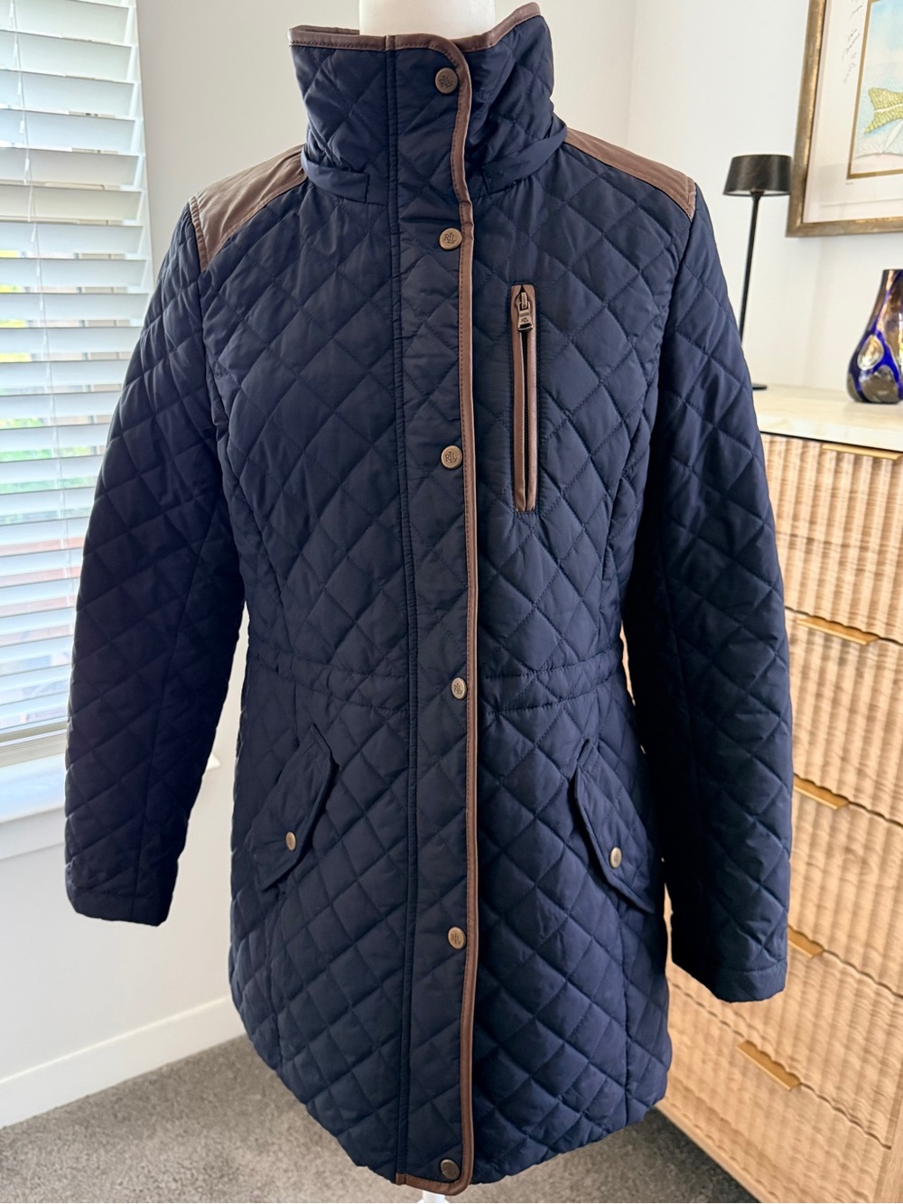 Lauren Ralph Lauren Navy Quilted Hooded Coat with Brown Trim - Picture 7 of 9